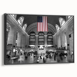 Black and white vintage poster art of NYC Grand Central, framed canvas, ideal for bedroom wall decor.