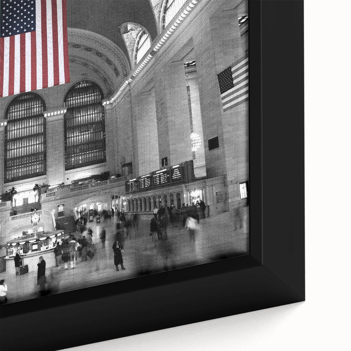 Extra large framed canvas of New York City's Grand Central in textured black with colorful accents.