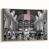 Framed canvas wall art featuring a vintage poster of Grand Central Station in black and gold tones, ideal for bedroom decor.