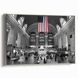 Framed canvas of a vintage-style New York City Grand Central landscape in muted black and colorful accents.