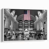 Vintage poster art of NYC's Grand Central, featuring black and colorful elements on extra large framed canvas.