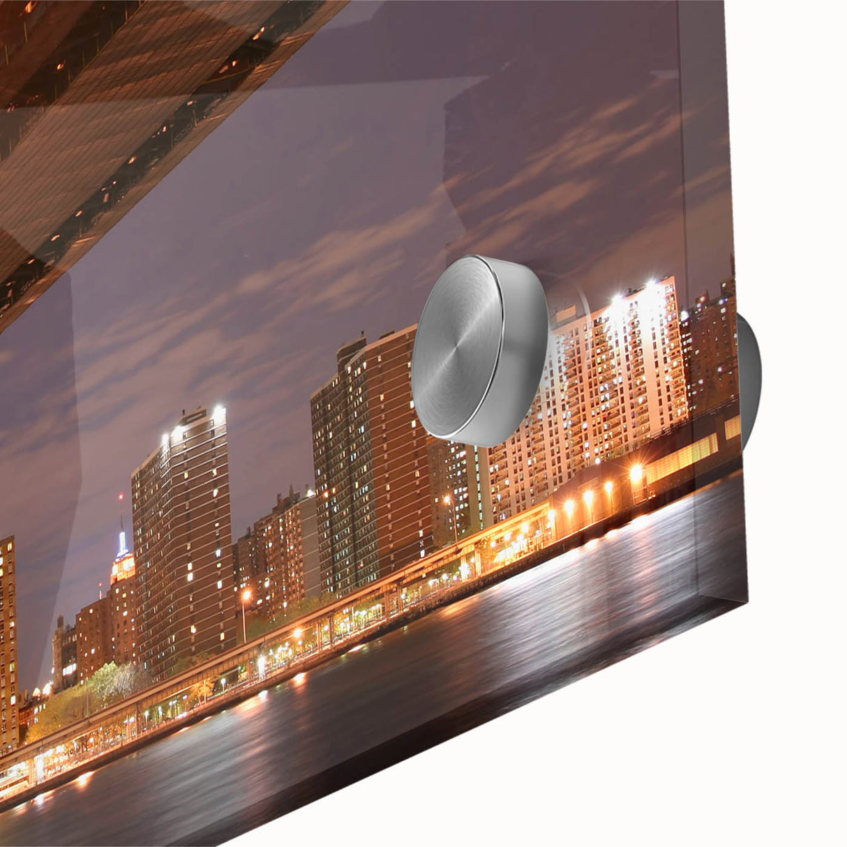 Acrylic print of Manhattan Bridge with muted gray tones, ideal for dining room art in a mid-century modernist style.