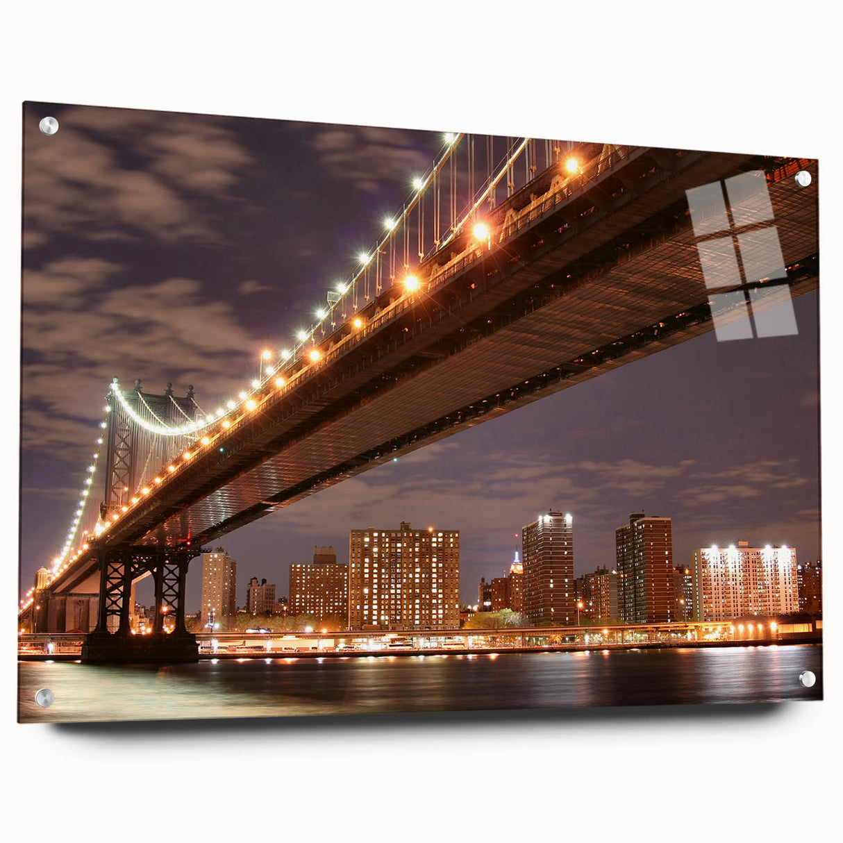 Acrylic print of Manhattan Bridge in muted gray and blue tones, suitable for bedroom or dining room decor.