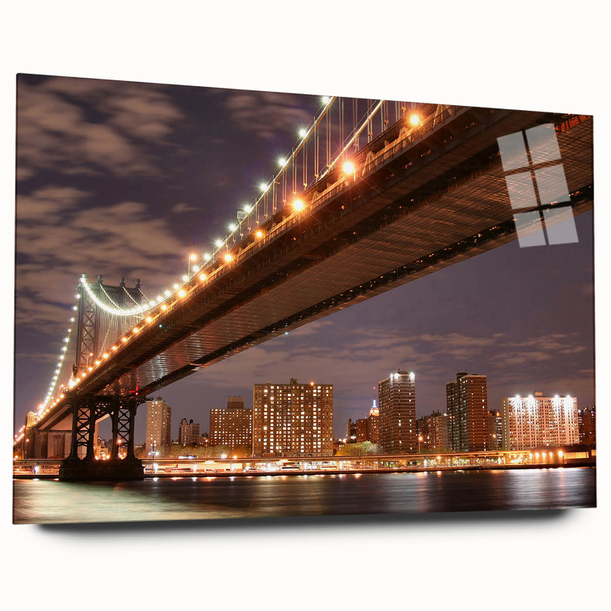 Acrylic print of the Manhattan Bridge in muted gray and blue tones, suitable for modern bedroom or dining room decor.