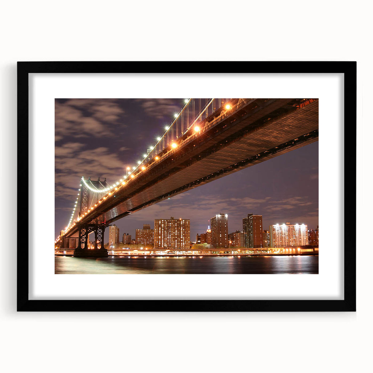 Abstract art print of the Manhattan Bridge in muted gray and blue tones, framed in black, ideal for dining room decor.