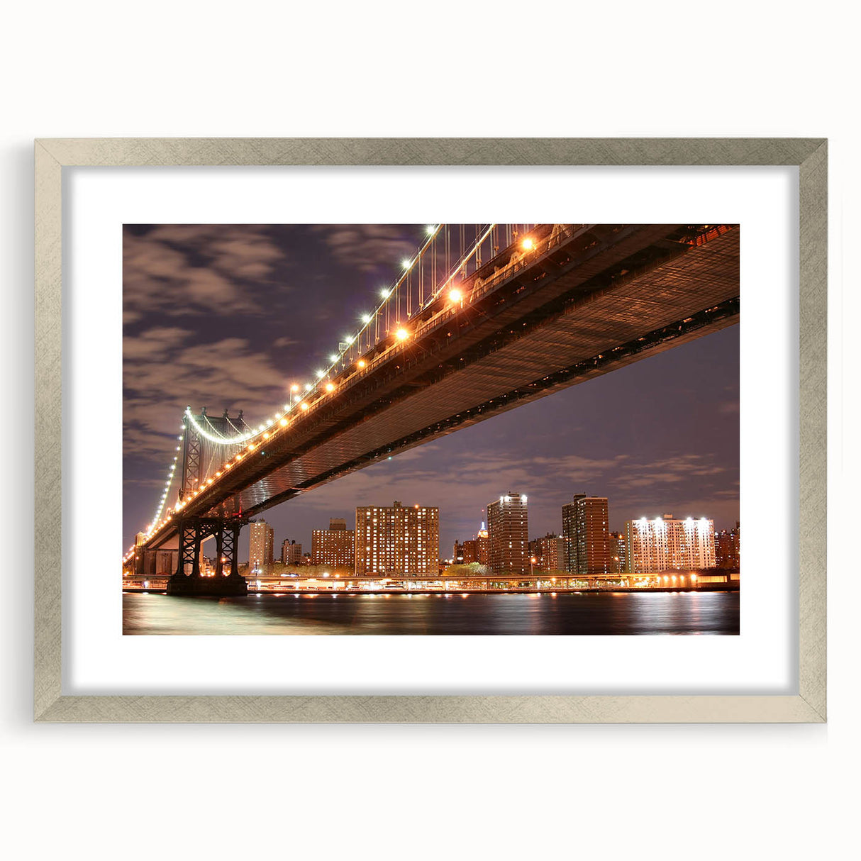 Extra large abstract art print of Manhattan Bridge in textured silver frame, using cool gray tones.