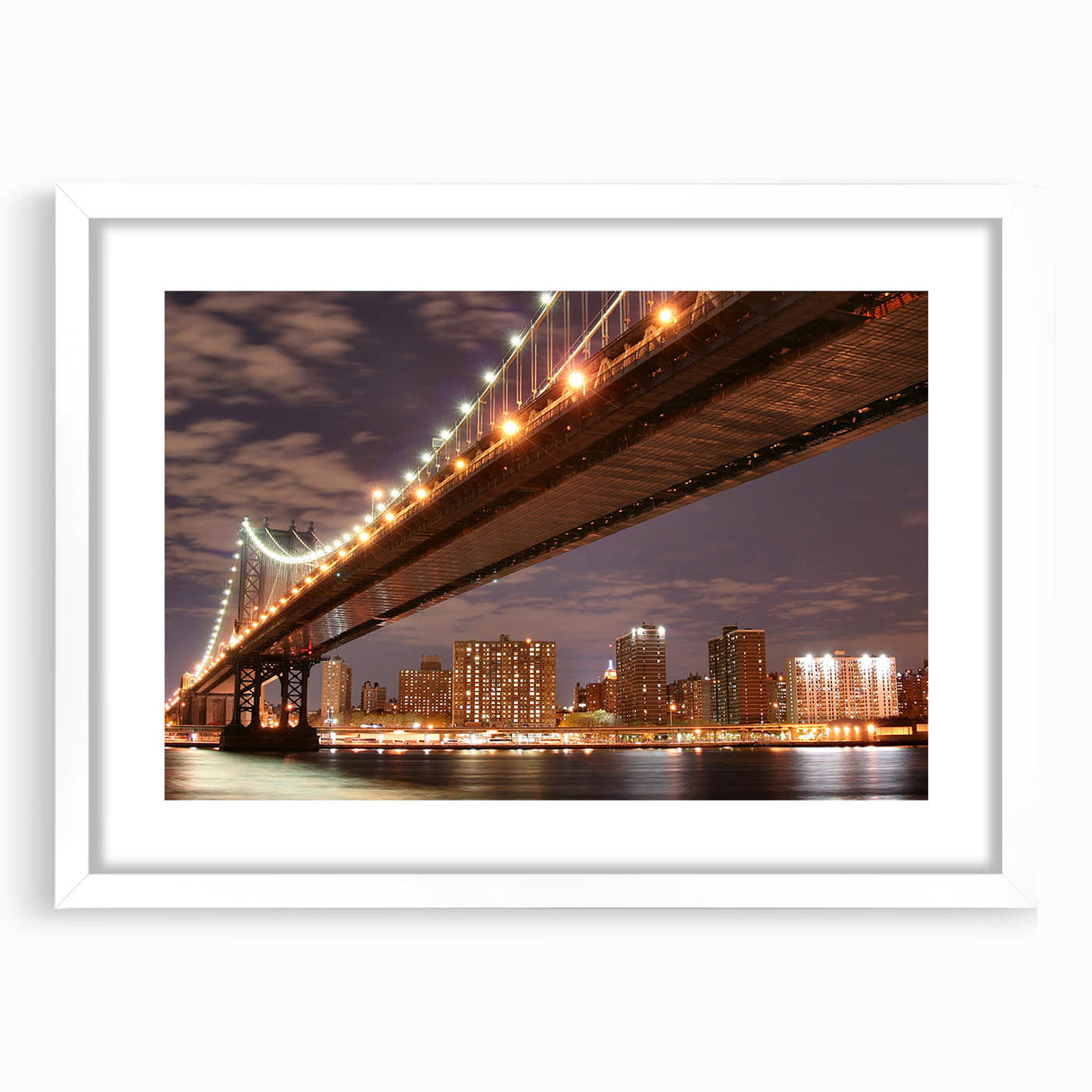 Textured art print of Manhattan Bridge in muted gray and blue tones on a framed canvas, suitable for bedroom wall decor.