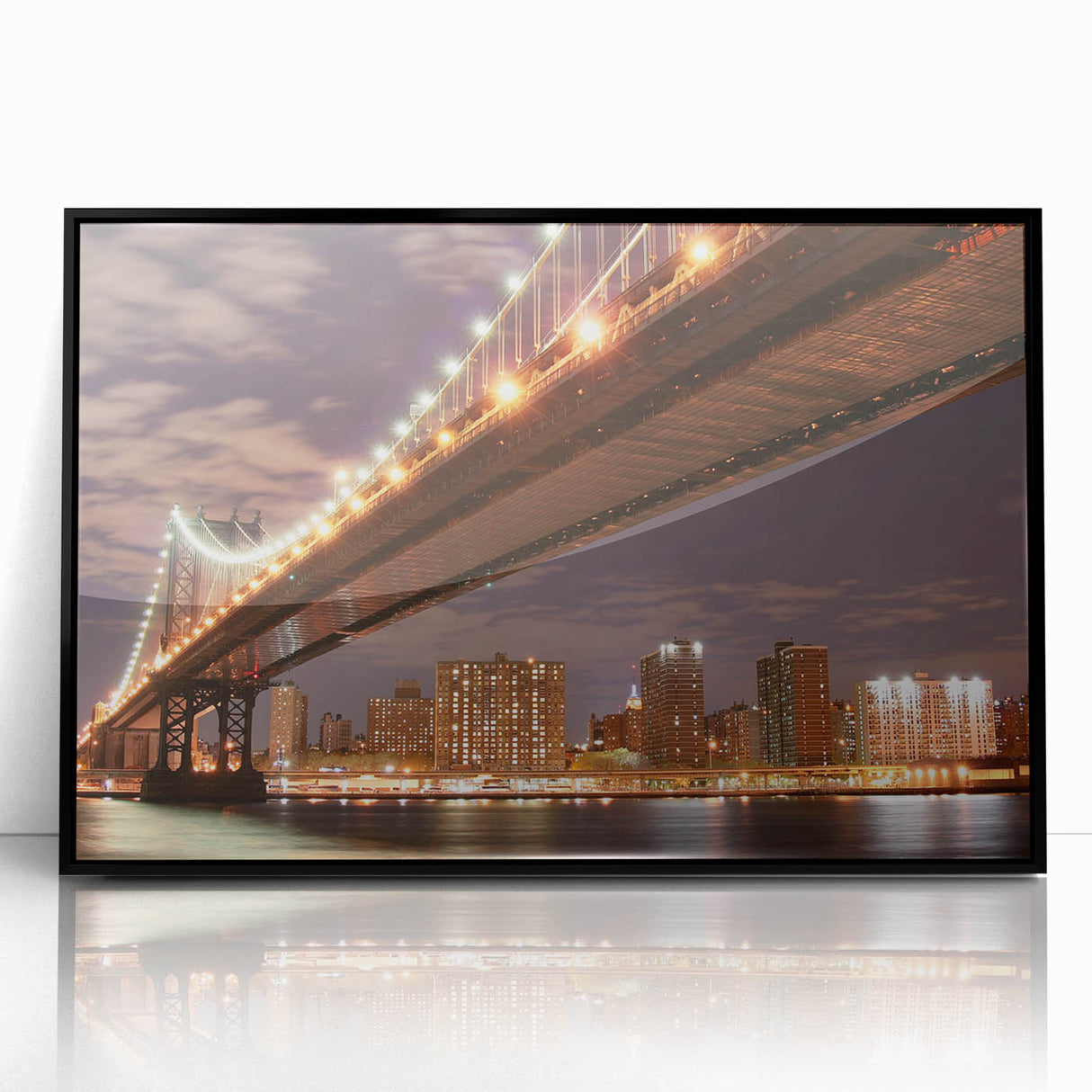 Acrylic print of the Manhattan Bridge in muted gray, framed in black, suitable for modern art wall decor.