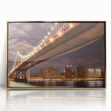 Large abstract wall art of the Manhattan Bridge in muted gray and gold tones, acrylic print, ideal for modern office decor.