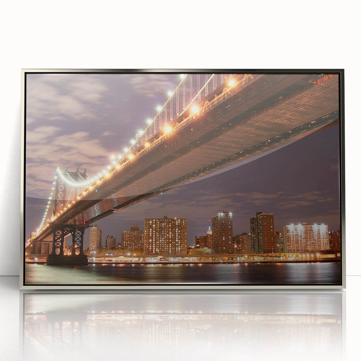 Acrylic print of the Manhattan Bridge in monochrome, framed in silver, ideal for modern art wall decor.
