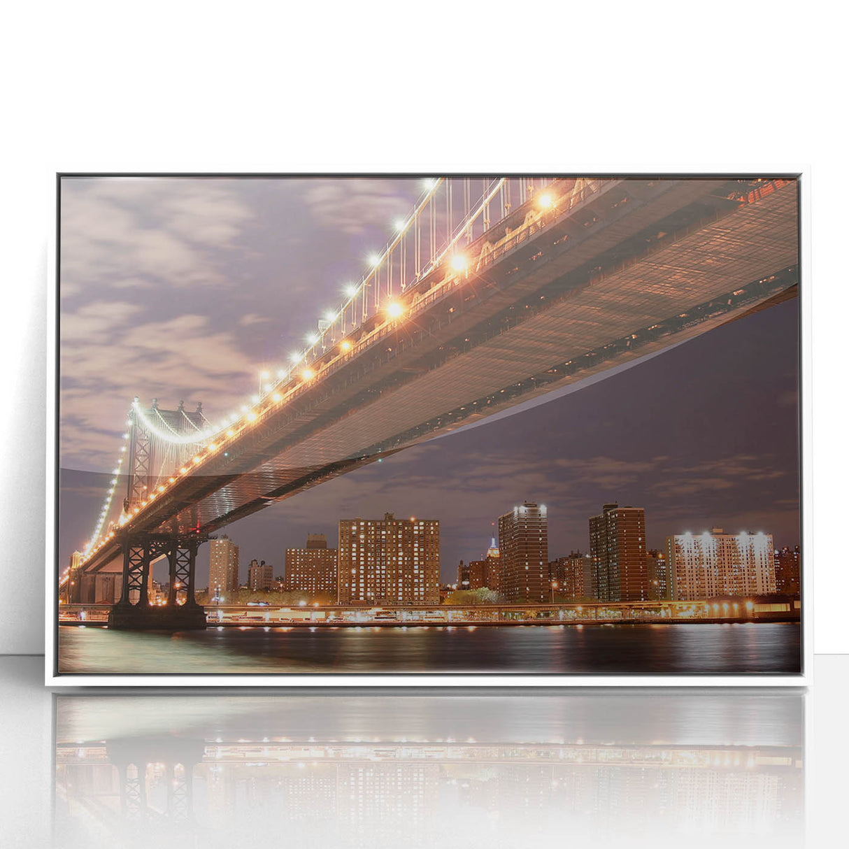 Mid-century modernist art of Manhattan Bridge in monochrome tones on framed acrylic, suitable for modern art wall decor.