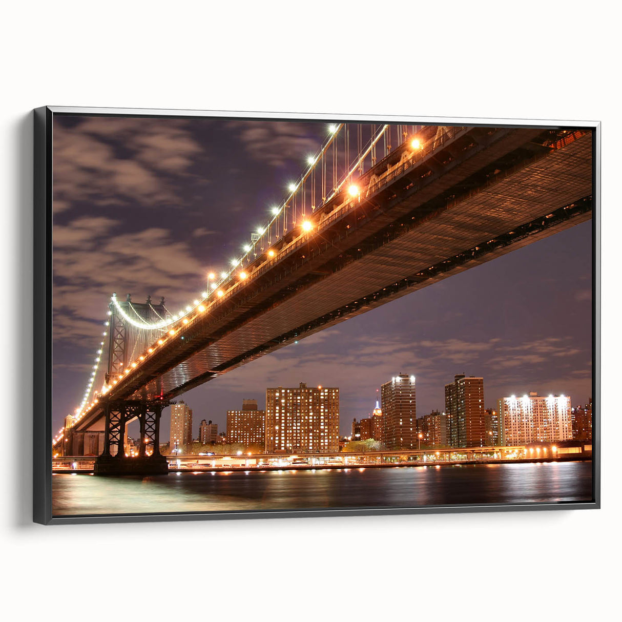 Framed canvas of the Manhattan Bridge in black with colorful, textured art, ideal for living room decor.