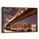 Framed canvas of the Manhattan Bridge in black with colorful, textured art, ideal for living room decor.