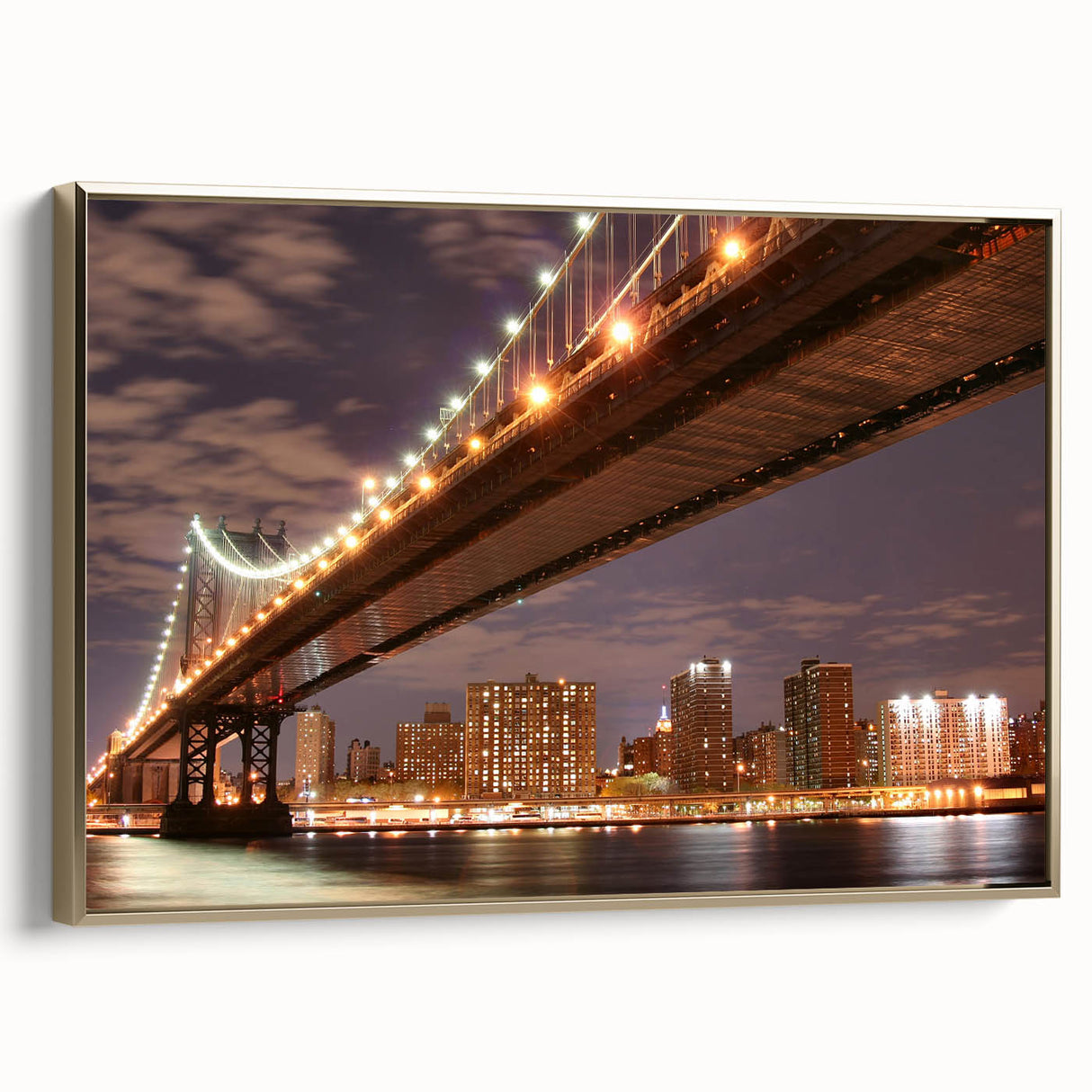 Framed canvas of Manhattan Bridge in vintage poster style, featuring black and gold tones, ideal for bedroom wall art.