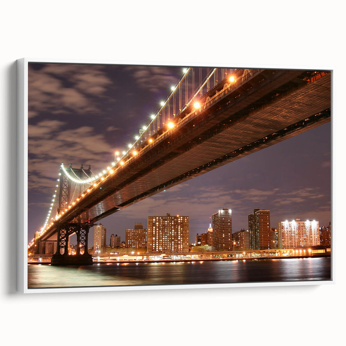 Framed canvas vintage poster art of the Manhattan Bridge with a black and colorful palette, ideal for living room decor.