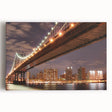 Large art print of the Manhattan Bridge in muted gray and blue tones on stretched canvas, ideal for kitchen wall art.