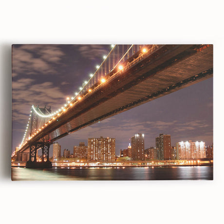 Large art print of the Manhattan Bridge in muted gray and blue tones on stretched canvas, ideal for kitchen wall art.