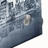 Acrylic print of a large abstract depiction of Manhattan in muted gray and blue tones, ideal for dining room art.