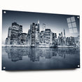 Acrylic print of Manhattan skyline in muted gray and blue tones, suitable for modern bedroom or dining room decor.