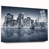 Acrylic print of abstract Manhattan skyline in muted grays and blues, suitable for bedroom or dining room art.