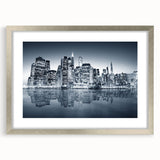 Textured art print of abstract Manhattan skyline in muted gray and silver tones on a framed canvas, ideal for bedroom art.