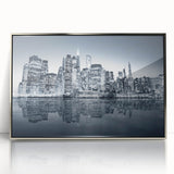 Mid-century modernist art depicting Manhattan skyline in muted silver tones on a framed acrylic panel.