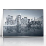 Art deco poster of Manhattan skyline in monochrome shades on framed acrylic, suitable for modern art wall decor.