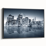 Black and white wall art of Manhattan skyline, framed canvas, ideal for bedroom decor.
