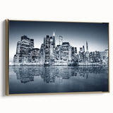 Framed canvas of Manhattan skyline in black and gold tones, ideal for bedroom wall art.