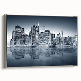 Landscape art painting of Manhattan skyline in muted black and silver tones on framed canvas, suitable for office decor.
