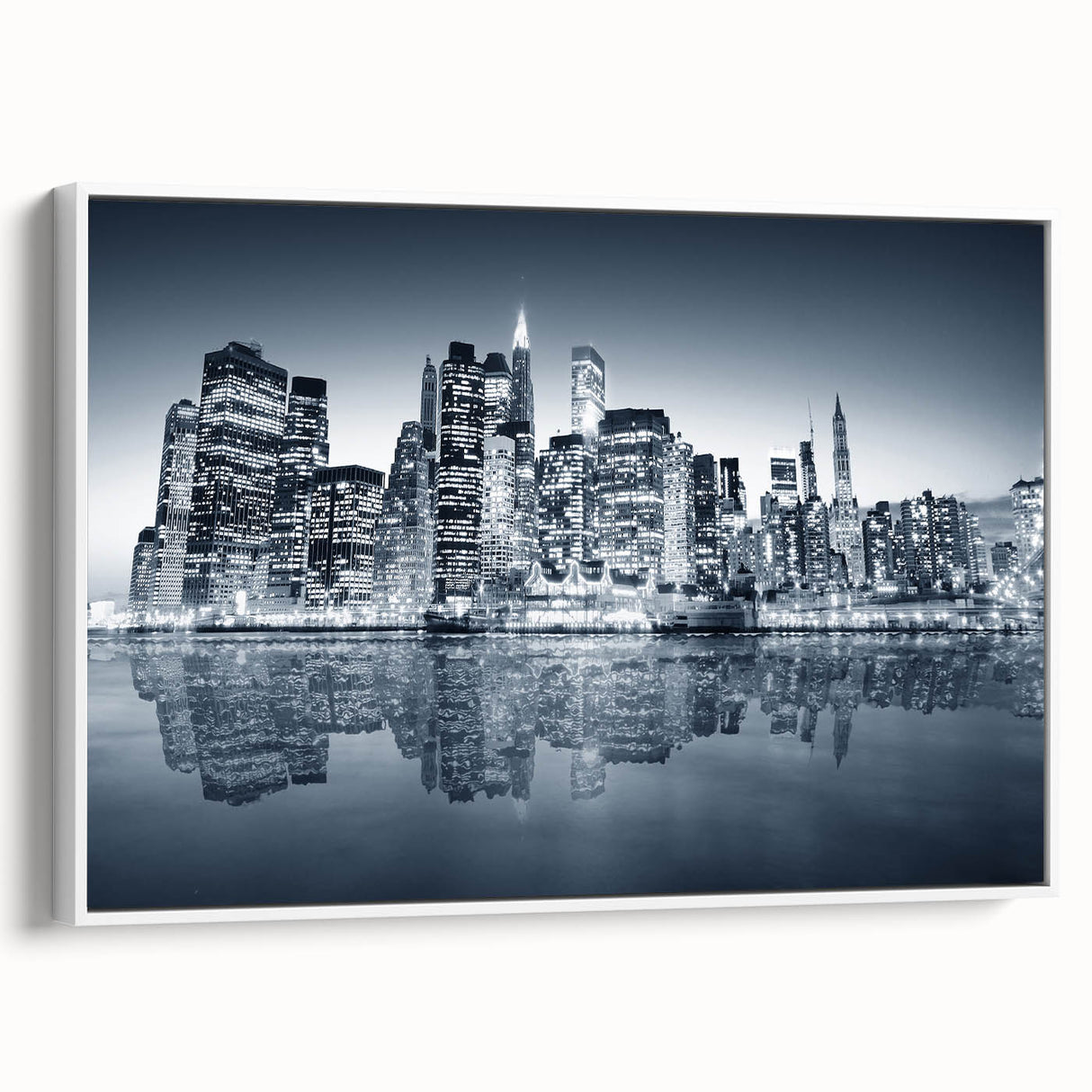 Vintage poster art of Manhattan skyline in vibrant colors on a large framed canvas, suitable for living room decor.