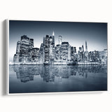 Vintage poster art of Manhattan skyline in vibrant colors on a large framed canvas, suitable for living room decor.