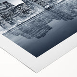 Art deco poster of Manhattan skyline in muted gray and blue tones on rolled canvas, suitable for dining room wall art.