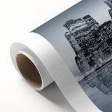 Art deco poster of Manhattan skyline in muted gray and blue tones on rolled canvas, ideal for nursery wall art.