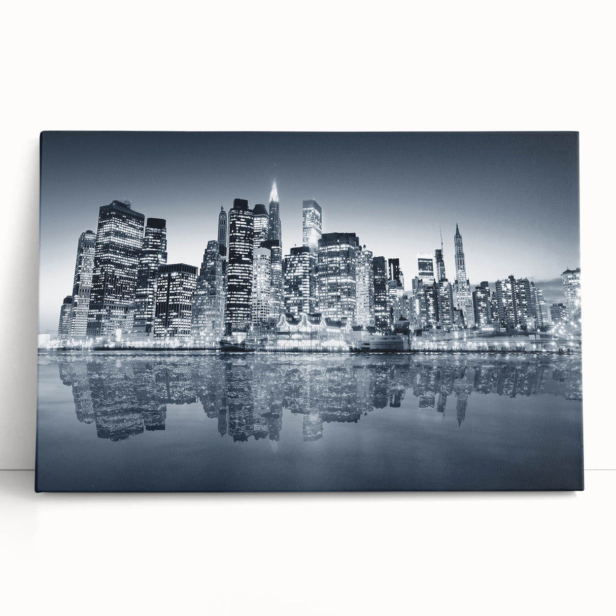 Black and white stretched canvas of Manhattan skyline, ideal for kitchen wall art or bedroom ambiance.
