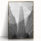 Mid-century modernist New York City skyline depicted in gold tones on a large framed acrylic print.