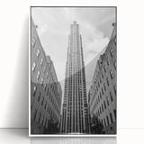 Art deco poster of New York City's Rockefeller Center in black and white, acrylic framed, ideal for modern art wall decor.