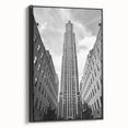 Black and white wall art depicting the New York City skyline on framed canvas, ideal for bedroom decor.