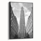 Black and white wall art depicting the New York City skyline on framed canvas, ideal for bedroom decor.