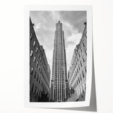 New York City skyline from Rockefeller Center in muted gray tones, extra large rolled print, ideal for dining room wall art.