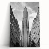 Black and white photograph of NYC skyline on stretched canvas, ideal for kitchen wall art.