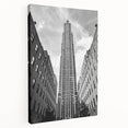 New York City skyline at dusk depicted in muted gray and blue tones on a large stretched canvas.