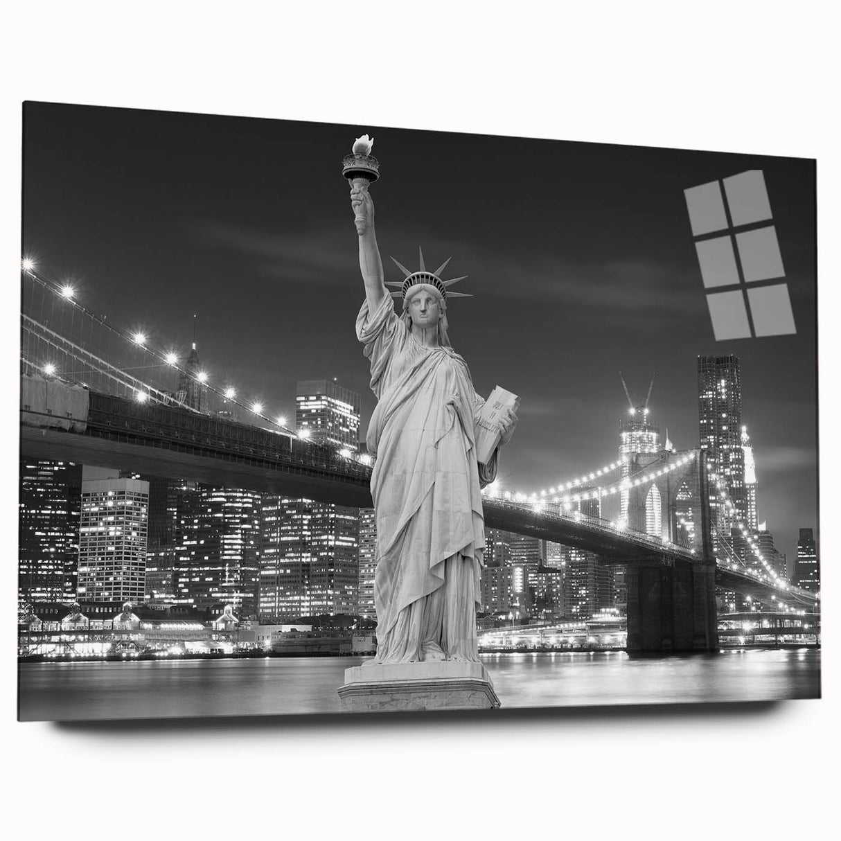 Acrylic print of the Statue of Liberty in muted green and blue tones, suitable for bedroom or dining room art.
