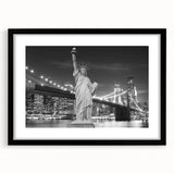 Colorful abstract art print of the Statue of Liberty in vibrant hues on a large framed canvas, ideal for living room decor.