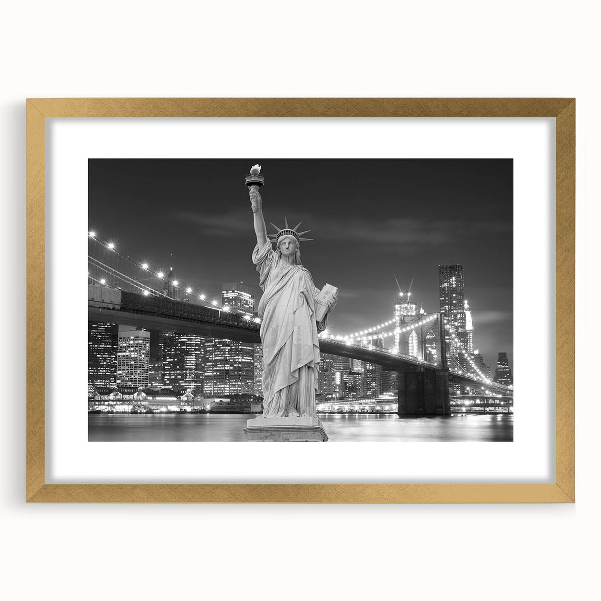 Extra large textured abstract print of the Statue of Liberty in muted earth tones, framed in gold.