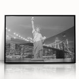 Large abstract wall art featuring the Statue of Liberty in monochrome tones, framed in black acrylic.
