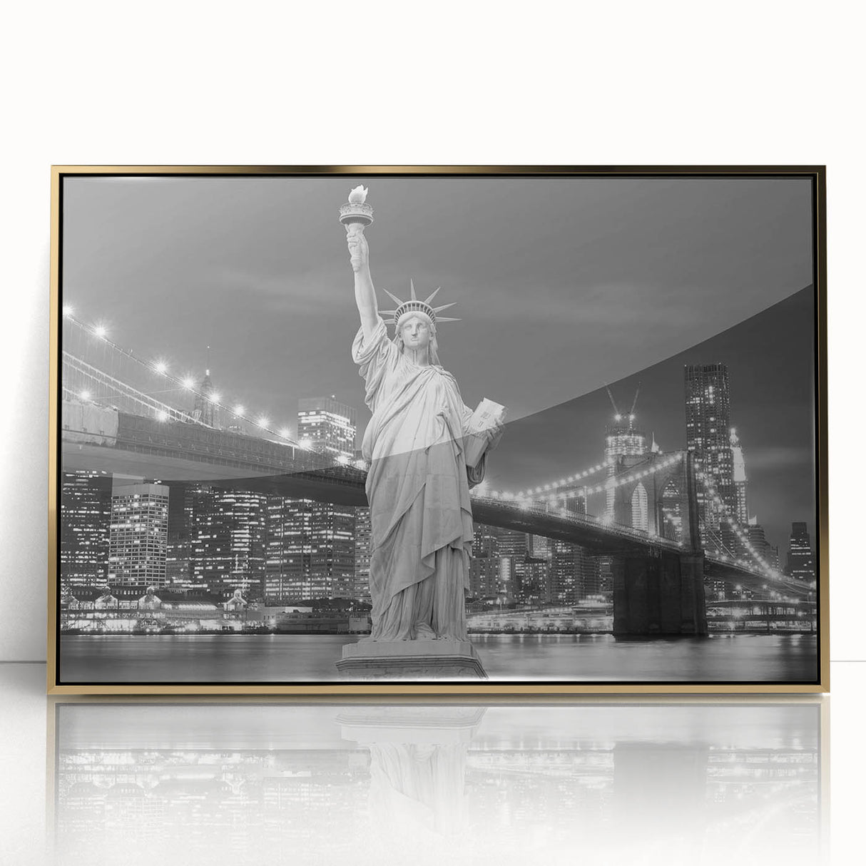 Acrylic print of the Statue of Liberty with gold frame, featuring mid-century modernist style, ideal for modern wall decor.