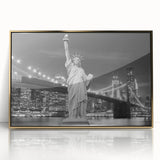 Acrylic print of the Statue of Liberty with gold frame, featuring mid-century modernist style, ideal for modern wall decor.