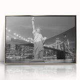 Mid-century modernist art featuring the Statue of Liberty in silver tones on a framed acrylic.