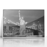 Art deco poster of Statue of Liberty in muted gray and blue tones on framed acrylic, suitable for modern art wall decor.